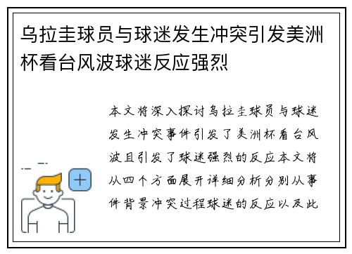 乌拉圭球员与球迷发生冲突引发美洲杯看台风波球迷反应强烈