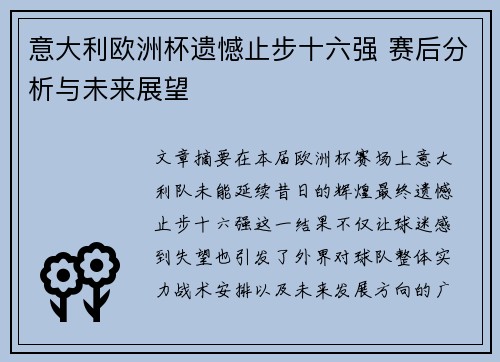 意大利欧洲杯遗憾止步十六强 赛后分析与未来展望